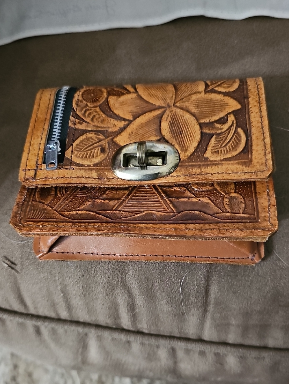 Source Unknown Brown Tooled Leather Clutch Wristlet with Floral Design